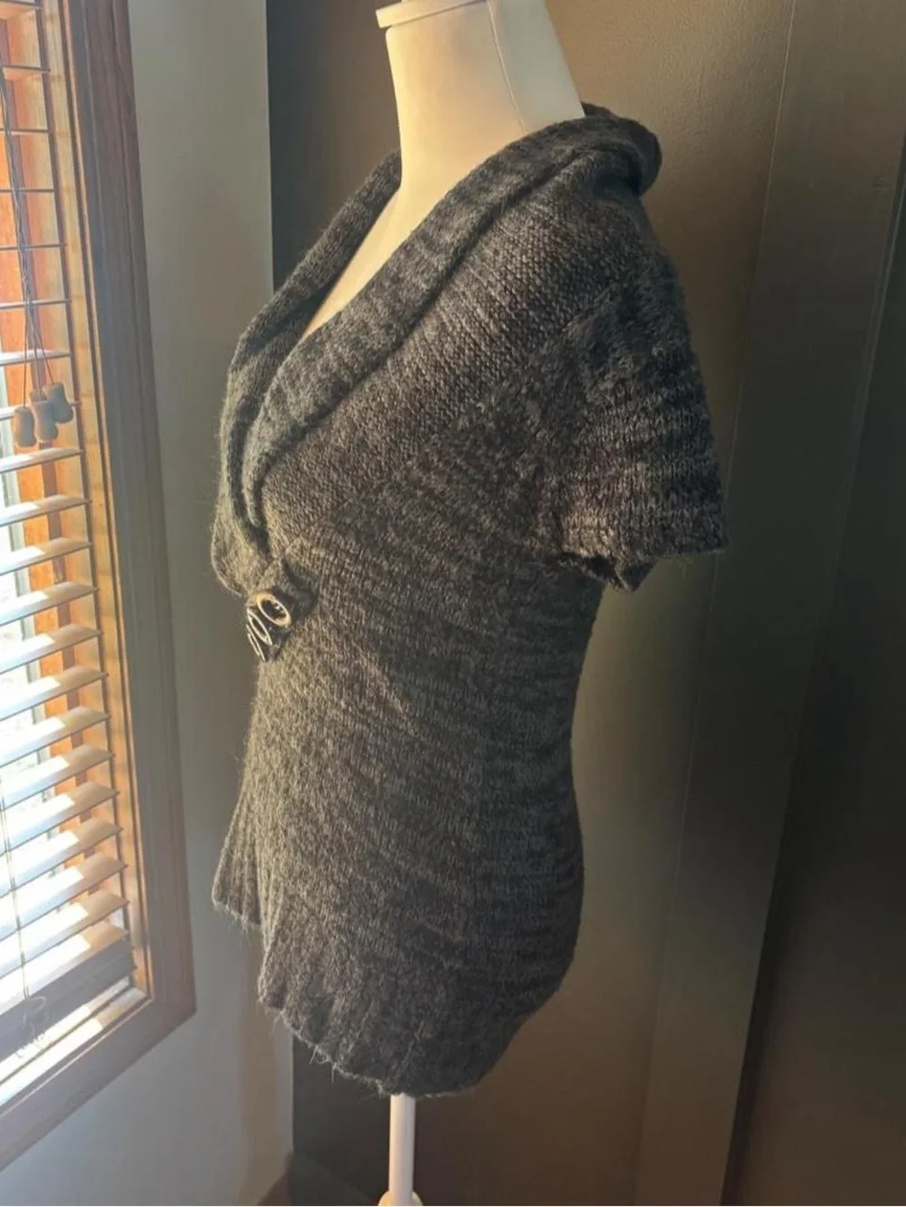 SayWhat Gray Shawl Collar Short Sleeve Sweater Top Large Y2K